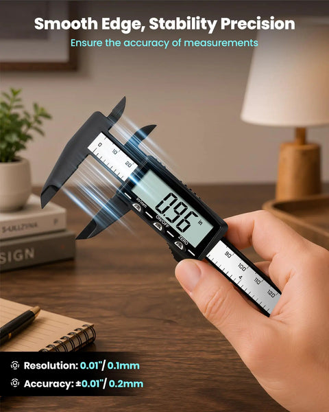 Person using Rechargeable Digital Caliper With Large LCD Screen In Mm Conversion Auto Off Protective Case 6 Inch Plastic Caliper