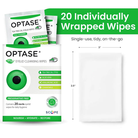 Optase TTO eyelid cleansing wipes, 20 individually wrapped tea tree oil wipes, preservative-free.
