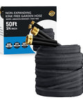 Front view of Haeteir 50 ft non-expanding garden hose with brass fittings and coiled black hose beside the box.