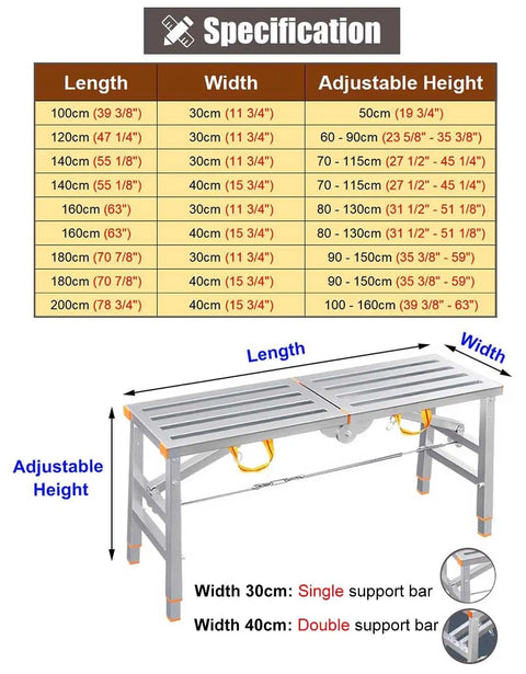 Indoor Scaffolding Platform Workbench Ladder foldable with adjustable height and specifications table