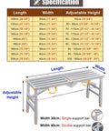 Adjustable Folding Scaffold Ladder Platform Work Stool 160x30cm specifications with adjustable height, length, and width chart.