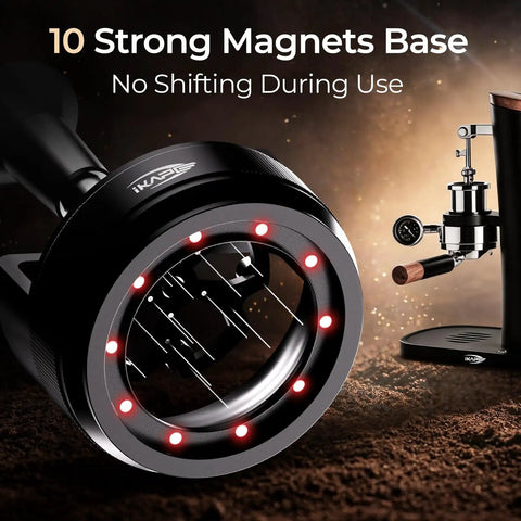 Kick Up Your Espresso Game With This Heavy Duty 58mm WDT Tool Featuring 14 Micron Needles To Crush Clumps And Stop Channeling Auto Rotate Grip Adjustable Depth Magnetic Dock Home Setup Essential with 10 magnet base.
