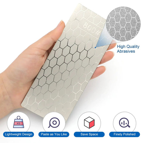 Hand holding Knife Sharpening Stone Set With Five Grits 400 600 800 1000 1200 Including Extra Fine And Coarse Plates Non Slip Base Honeycomb