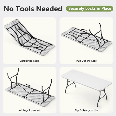 Assembly steps for 2 Pack 6 Ft Folding Plastic Tables Heavy Duty Portable Fold In Half Utility Tables With Carrying Handles