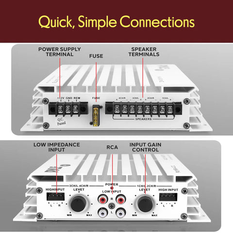 Rear inputs of Hydra Marine 400W 4 Channel Amplifier Waterproof with RCA, gain controls, and power supply terminals for boat and car audio.