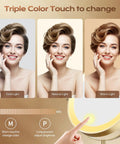 Woman demonstrating Dual Sided LED Makeup Mirror With 1X/20X Magnification, Star Projector Light, Three Color Modes.