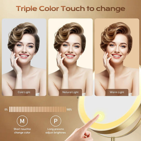 Woman demonstrating Dual Sided LED Makeup Mirror With 1X/20X Magnification, Star Projector Light, Three Color Modes.