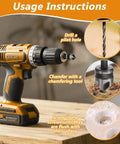Usage instructions showing a drill equipped with a 3-Pack Countersink Drill Bit Set for Woodworking, Chamfer Tool Kit on a wooden surface.