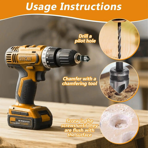 Usage instructions showing a drill equipped with a 3-Pack Countersink Drill Bit Set for Woodworking, Chamfer Tool Kit on a wooden surface.