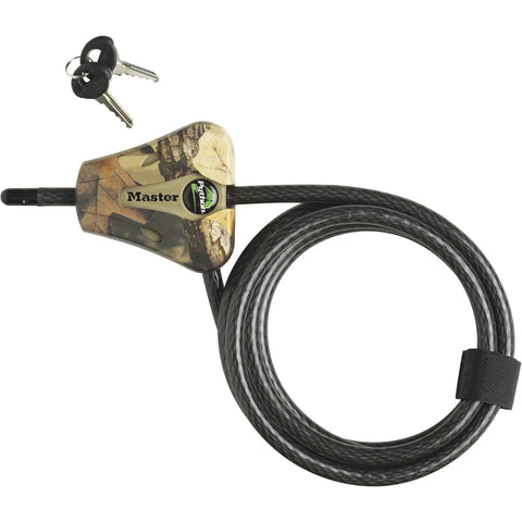 Python Cable Lock With Key, 6 Ft Long, 5/16 Inch Braided Steel Cable, Cut Resistant Security, camo head, two keys visible