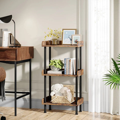 Small Three Tier Wooden Bookshelf With Totally Sturdy Frame And Rounded Safety Corners For Home Office, 15.75x9.45 Inches