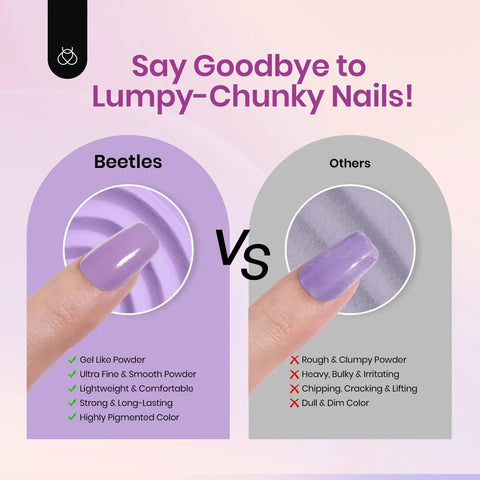 Comparison of nail finishes using 35 Piece Dip Powder Nail Kit Set With 20 Modern Muse Colors, highlighting smoothness and quality.