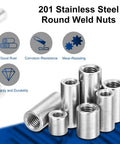 202 Stainless Steel Round Weld Nuts from Shop Grade Round Weld Nuts M5 Thread With 8 Millimeter Collar For No Sweat Frame Mods and Furniture Upgrades Ready To Thread Bung Female Inserts Made From Solid Rust Proof 201 Stainless Steel Twenty Piece Pack.
