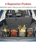 Multi Compartment Truck Bed Cargo Net For Tesla Cybertruck 2024 with four pockets holding groceries and a basketball in a vehicle trunk.