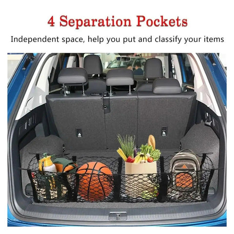 Multi Compartment Truck Bed Cargo Net For Tesla Cybertruck 2024 with four pockets holding groceries and a basketball in a vehicle trunk.