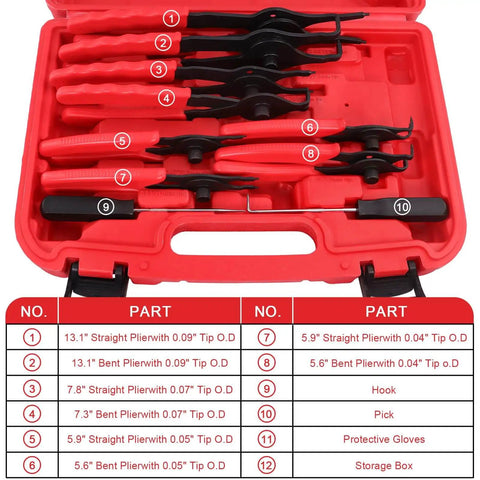 Ten Piece Snap Ring Pliers Set For Automotive Retaining Rings Removal And Installation Including Internal And External Circlips With Straight And Bent Jaw, Hook And Pick Tools In A Garage Ready Storage Case