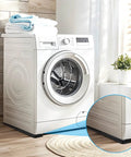Front view of washing machine leveled with 48 Pack Heavy Duty Plastic Composite Shims for Furniture Doors Toilets and More.