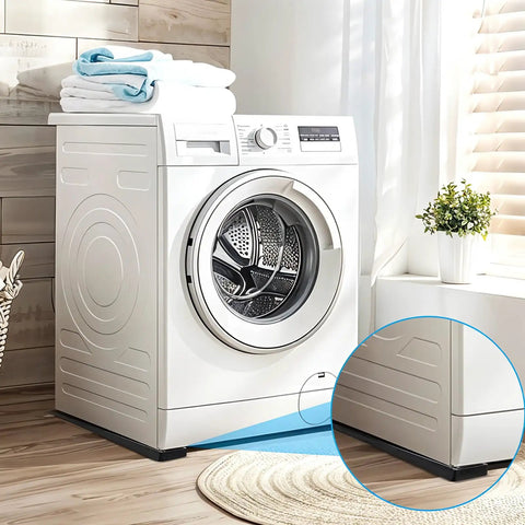 Front view of washing machine leveled with 48 Pack Heavy Duty Plastic Composite Shims for Furniture Doors Toilets and More.
