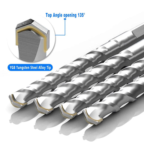 SDS Plus drill bit set, 10-piece with carbide tips for concrete and tile; diameters 3/16–1/2 in (close-up view).