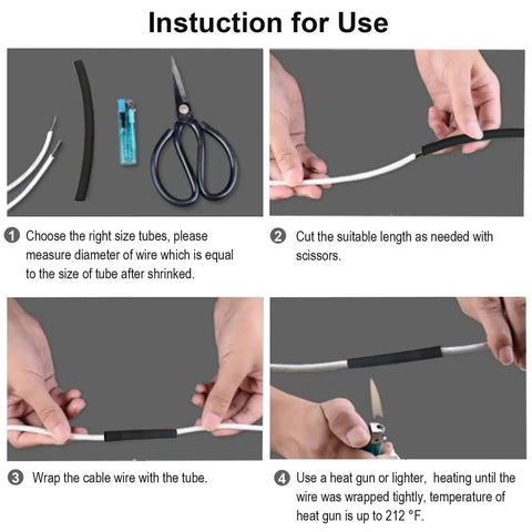 Instruction guide showing steps to use Two Pack Three Quarter Inch Dual Wall Adhesive Heat Shrink Tubing Kit Three To One For Auto And Appliance Wiring Harness Protection Four Feet Long Black And Red Solder Joint Protectors And Cable Grouping Wrap.
