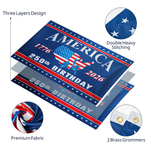 Double Sided 3 By 5 Ft All American Flag Decor For Indoor Outdoor Patriotic Fourth Of July 250th Anniversary with three-layer design