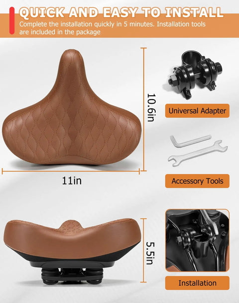 Wide Comfort Bike Saddle For Men And Women With Extra Large Winged Padding, Plush High Resilience Foam Cushion dimensions and tools