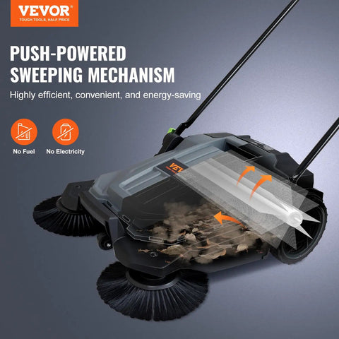 Walk-Behind Hand Push Floor Sweeper With A 25.6 Inch Sweep Width, Manual Non Electric Cleaning Machine showing sweeping mechanism