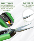 Close-up of 2 Pack Microtip Pruning Shears with curved blade, green handle, and safety lock mechanism for flowers and leaves cutting.