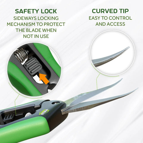 Close-up of 2 Pack Microtip Pruning Shears with curved blade, green handle, and safety lock mechanism for flowers and leaves cutting.