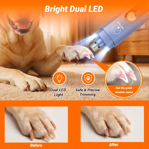 Smooth Sail Five Speed Dog Nail Grinder With Bright Led And Dust Bucket For Zero Drama Furbaby Paw Care Usb Powered Whisper Quiet Electric Grooming Tool For Pups And House Cats Blue in use with dog paw and LED light.