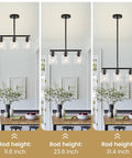 Sleek Black Three Light Kitchen Island Pendant Lamps Using Dimmable E26 Base, showcasing adjustable rod heights of 11.8, 23.6, and 31.4 inches.