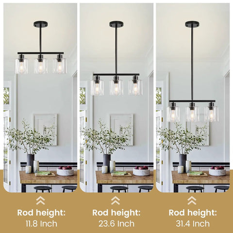 Sleek Black Three Light Kitchen Island Pendant Lamps Using Dimmable E26 Base, showcasing adjustable rod heights of 11.8, 23.6, and 31.4 inches.