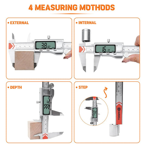 Beefy All Metal Digital Caliper With Extra Batteries And Battery Cover 6 Inch Measuring Tool showing 4 measuring methods