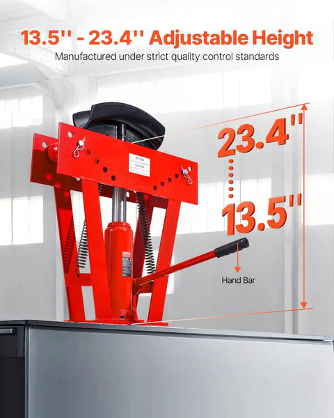Heavy Duty Manual 16 Ton Hydraulic Pipe Bender For Copper Exhaust Tubes showing adjustable height from 13.5 to 23.4 inches.