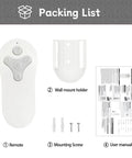 Packing list showing Replacement Ceiling Fan Remote Control For 10311TR214A 10712TR214B And 2BB78ITLF304C Models, wall mount holder, screws, manual.