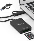 XQD Card Reader With USB 3.0 Dual Type A And Type C, 5Gbps Transfer Speed, Easy Plug And Play, connected to laptop, Sony G card shown