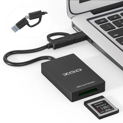 XQD Card Reader With USB 3.0 Dual Type A And Type C, 5Gbps Transfer Speed, Easy Plug And Play, connected to laptop, Sony G card shown