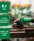 Cordless 4-1/2 Inch Paddle Switch Angle Grinder With A Beast 750W Brushless Motor, 8000 RPM, Safety Paddle, Anti-Vibration Side Handle, Tool Body Only, 18V MultiVolt, Model G1812DFQ4 on workbench