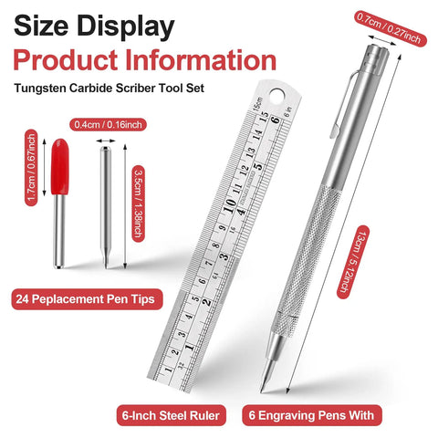 Kick Your DIY Projects Up A Notch With This Heavy Duty Tungsten Carbide Scriber Set Featuring Six Engraving Pens Extra Tips And Steel Ruler for precise measurement and marking.