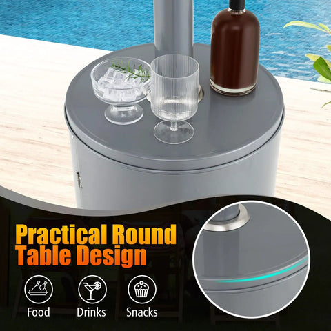 50,000 BTU Propane Outdoor Heater With Round Table Design and Food, Drinks Setup for Backyard or Patio