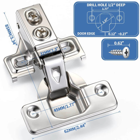 Diagram of 100 Pack Soft Closing Cabinet Hinges For Kitchen Half Inch Partial Overlay 105 Degree Concealed Hinges with measurements.