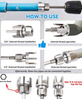 Dual Function PVC Pipe Threader Set For Internal And External Threads, Fits One Half Inch, Three Quarter Inch, And One Inch Pipes, Electric Drill Compatible Water Pipe Thread Cutting Kit For Easy Home Repairs, DIY Friendly By Yakamoz, showing threading installation steps and hex shank tips.