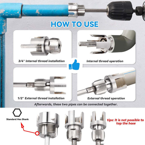 Dual Function PVC Pipe Threader Set For Internal And External Threads, Fits One Half Inch, Three Quarter Inch, And One Inch Pipes, Electric Drill Compatible Water Pipe Thread Cutting Kit For Easy Home Repairs, DIY Friendly By Yakamoz, showing threading installation steps and hex shank tips.