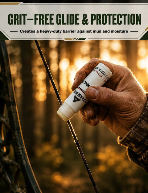 Applying 6 Pack Twist Up Bowstring Wax Sticks Odorless All Weather Waterproof String Conditioner Kit on a crossbow string outdoors