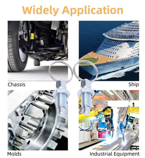 Four Pack Beefy Carbon Steel Indexing Plungers Featuring Retractable Spring Loaded Pull Rings M10 Thread shown in automotive and industrial applications.