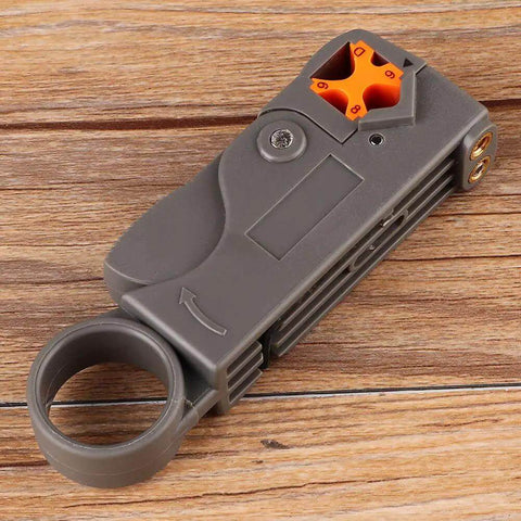Coaxial Cable Stripping And Crimping Tool With Adjustable Two Blade Knife, Compatible With 4 5 6 And 7 Coax Cables on wood surface.