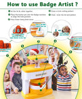 Effortless DIY Pin Button Maker Kit For Creative Kiddos instructions, showing badge machine steps, kids making badges together.