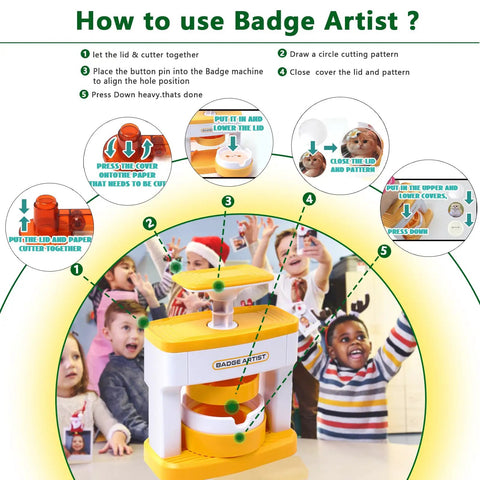 Effortless DIY Pin Button Maker Kit For Creative Kiddos instructions, showing badge machine steps, kids making badges together.