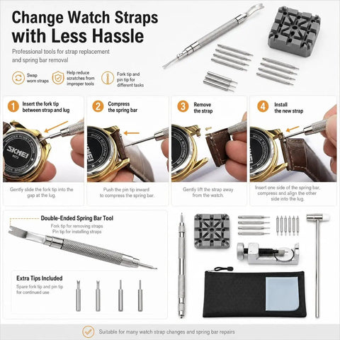 59-Piece Easy-To-Use Watch Repair Kit For Newbies With Link Removal, spring bar tool and watch demonstration steps