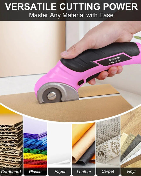 Cordless Electric Scissors Rechargeable Box Cutter That Slays Through Cardboard Fabric Leather And Paper With Self Sharpening Blade 240Rpm Motor cutting leather and cardboard with ease.